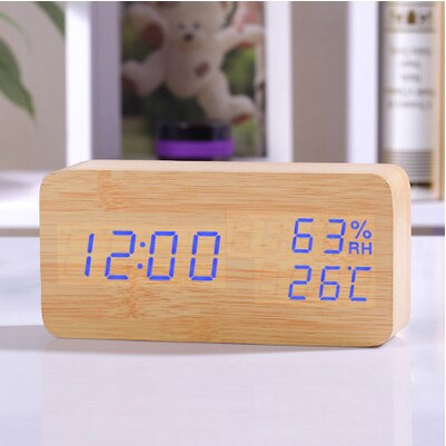 FiBiSonic Modern Simple LED Alarm Clock Temperature Humidity Show Clock Desktop Electronic Sound Control Digital Clocks Table De: bamboo blue