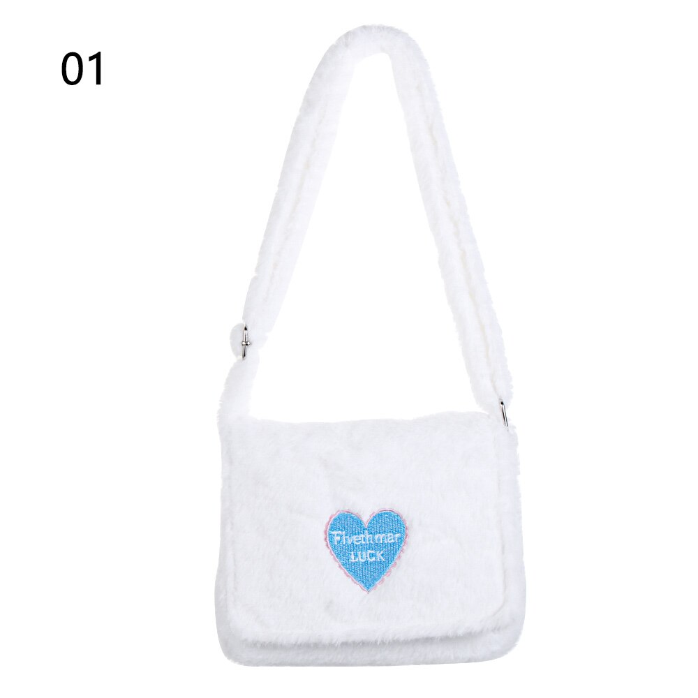 Bandolera de hombro de felpa para mujer, bolso con patrón de corazón de amor, informal: 1