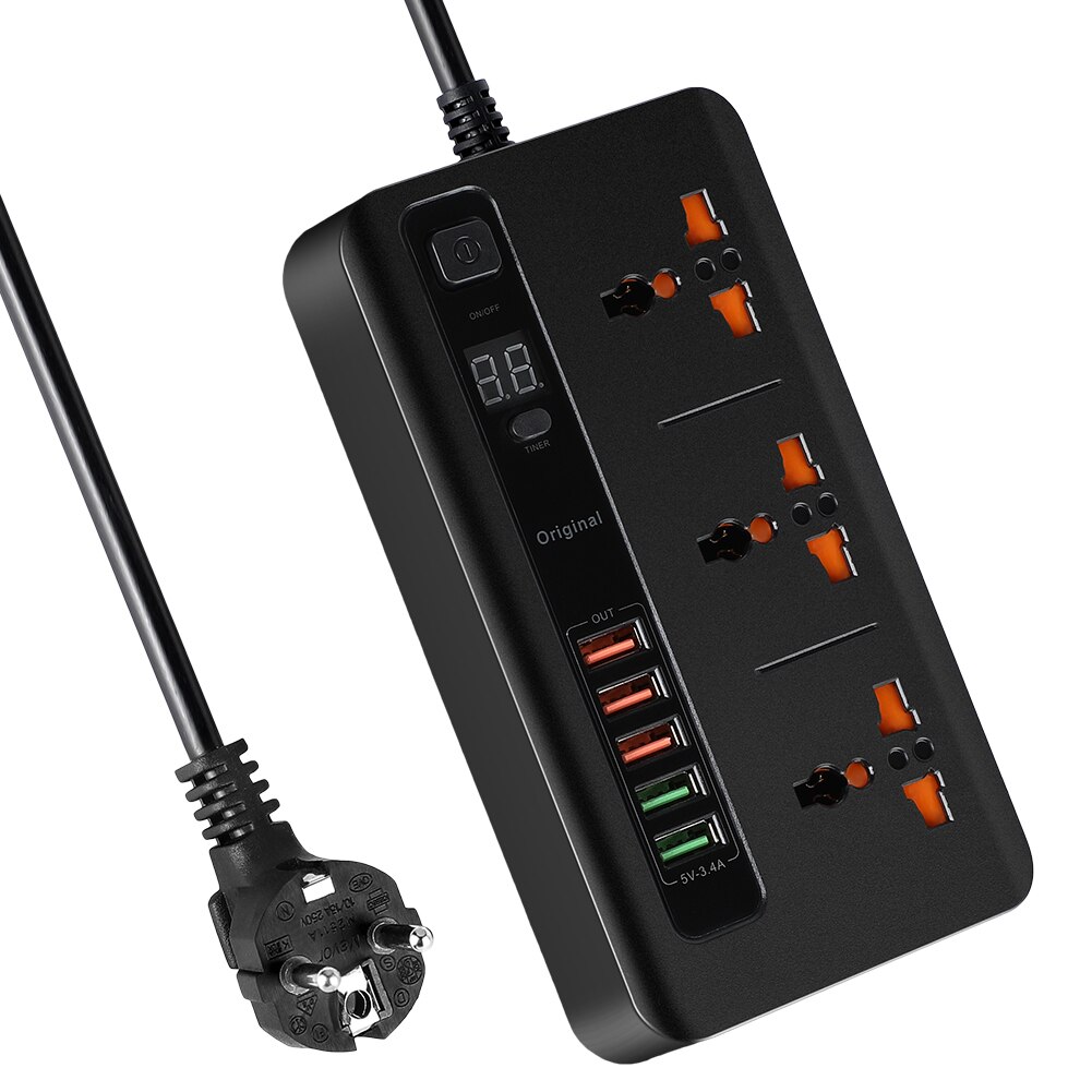 Home Extension Power Outlet With Switch With 5V 3.4A 5 Port USB Charger Adpater 3 Way Multiple Socket Smart Timing UK/EU Plug
