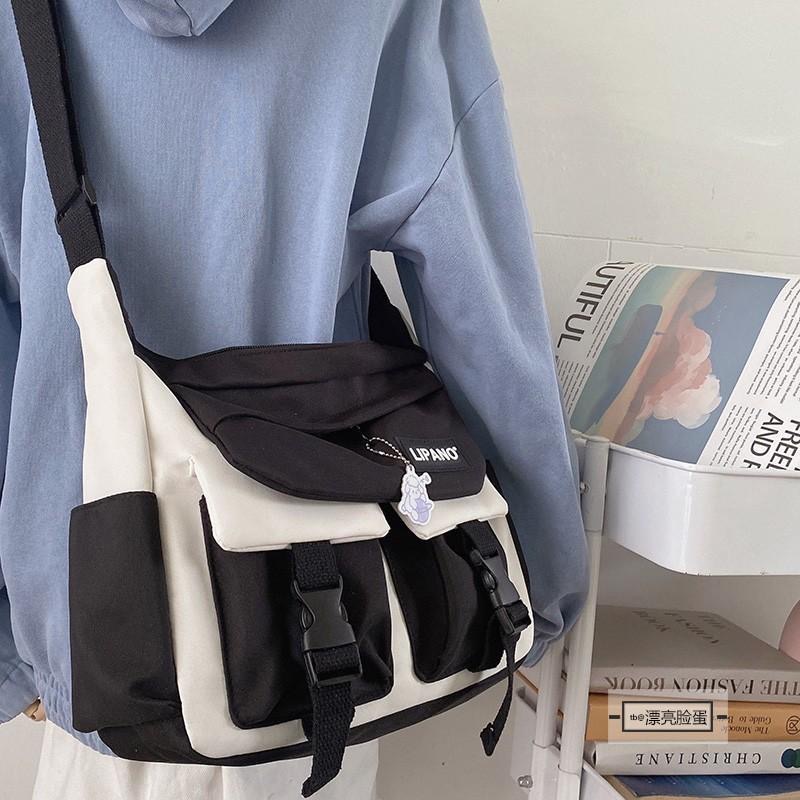 Collage-bolsas escolares para estudiantes para mujeres y hombres, bolsos cruzados de nailon con múltiples bolsillos, Bolso de mensajero para libros, verano: M / Azul cielo