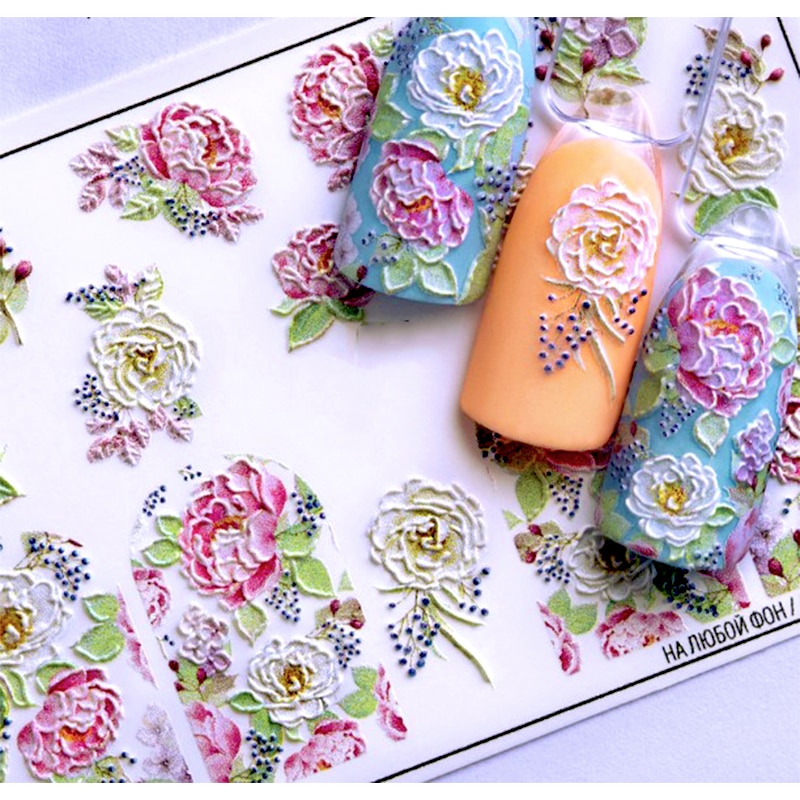 3d akrylgraverade nageldekaler rosa blomma gröna blad vattendekaler empaistiska nagelvattenrutschbanor  z0303