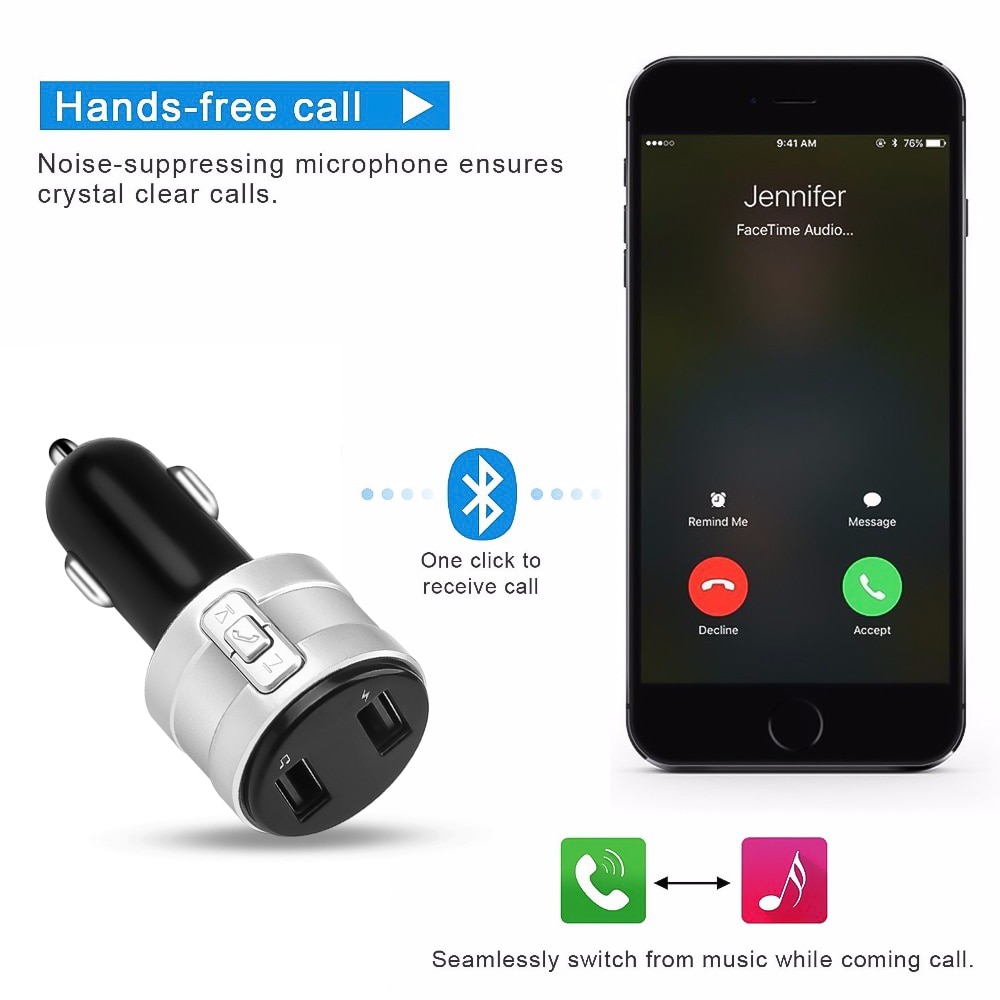 Transmisor modulador con Bluetooth 4,2, Cargador USB Dual, manos libres, receptor de Audio inalámbrico, AUX, 3.1A, Carga de coche