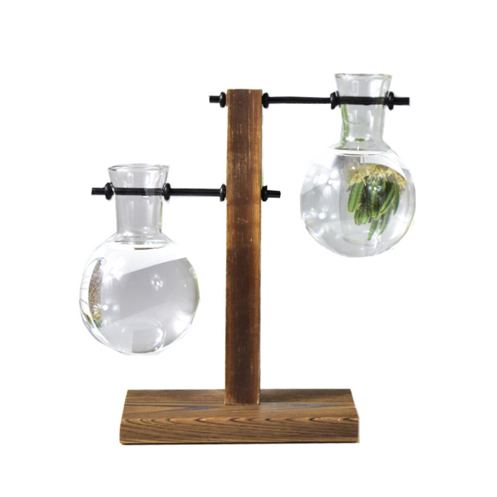 Table Desk Bulb Glass Hydroponic Vase Flower Plant Pot with Wooden Tray Office Decor FEA889