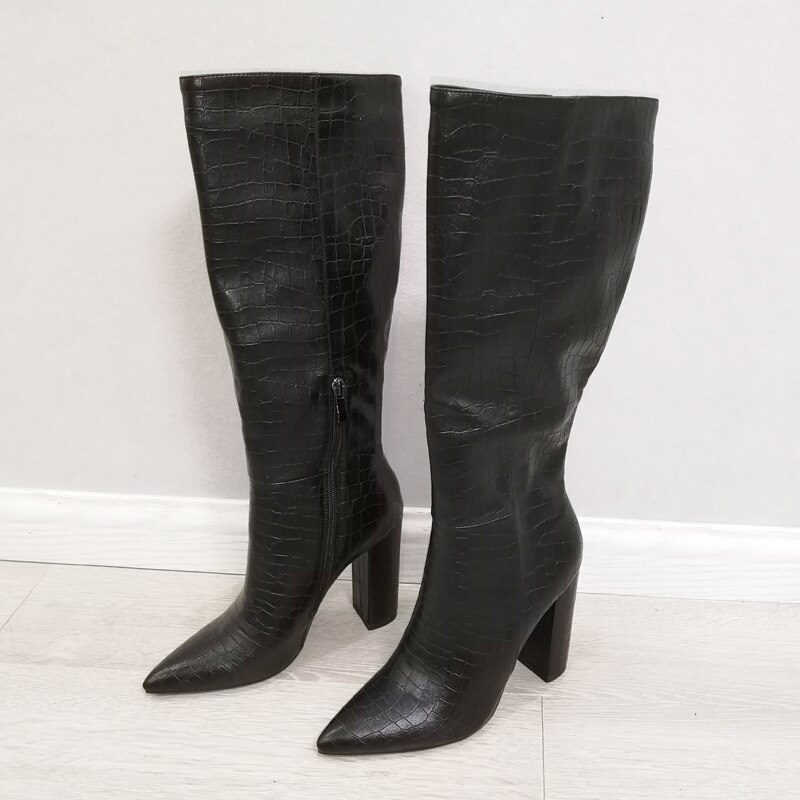 Meotina Knie-Hoge Laarzen Vrouwen Schoenen Wees Teen Dikke Hakken Lange Laarzen Rits Super Hoge Hak Mode Dame Laarzen winter Beige 43: Black / 10.5