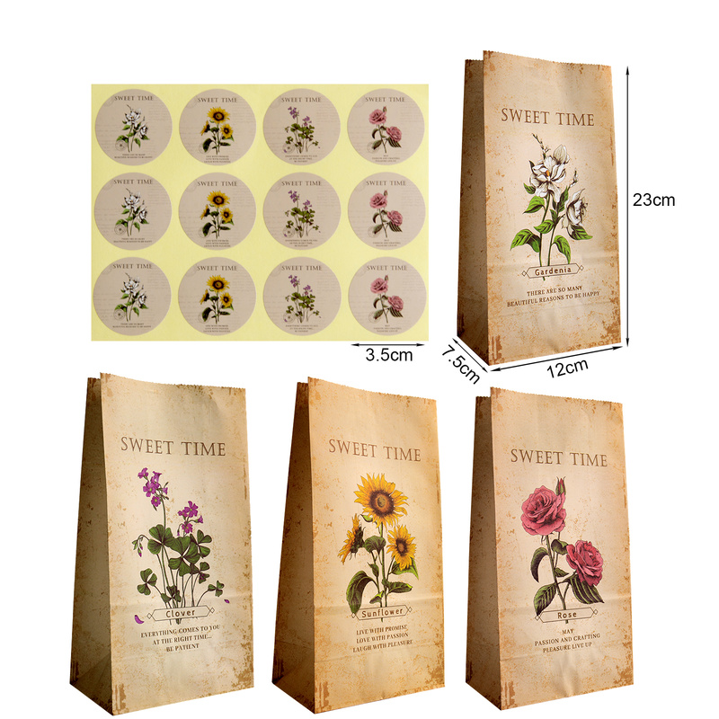 Icraft 12Sets Vintage Handdrawn Papier Bag Rose Zonnebloem Stand Up Party Favor Treat Pack Wrapping Verpakking Supply