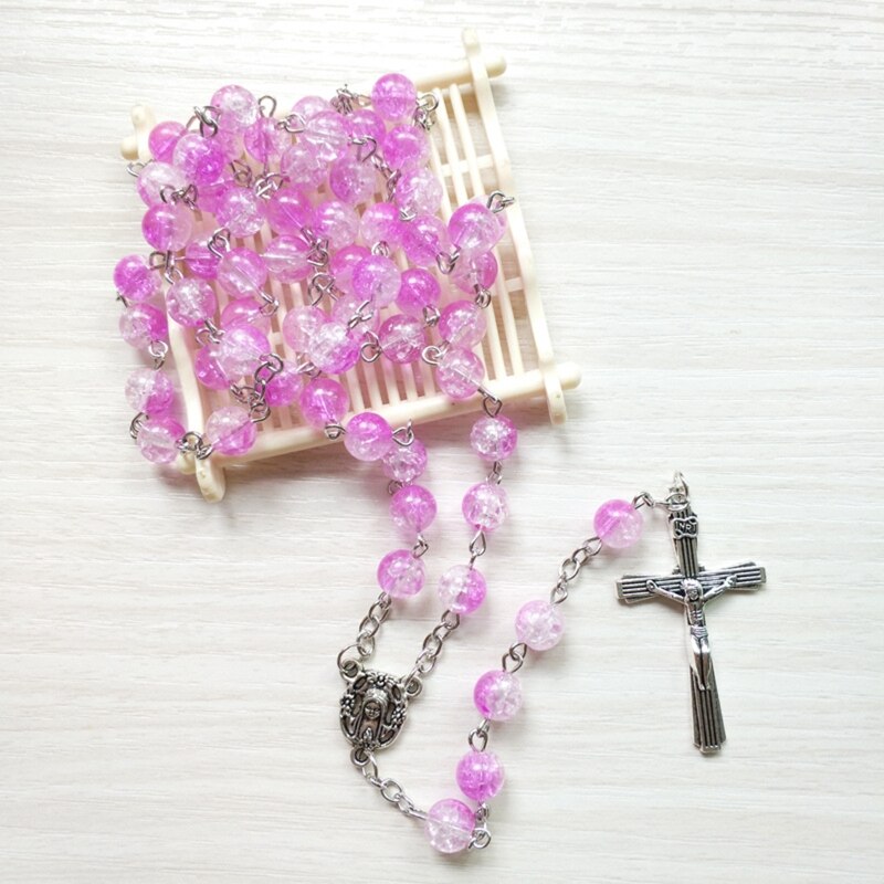 Retro rosenkrans pärlor halsband för kvinnor kors jesus hänge religiösa kristna smycken berlock: Rosröd