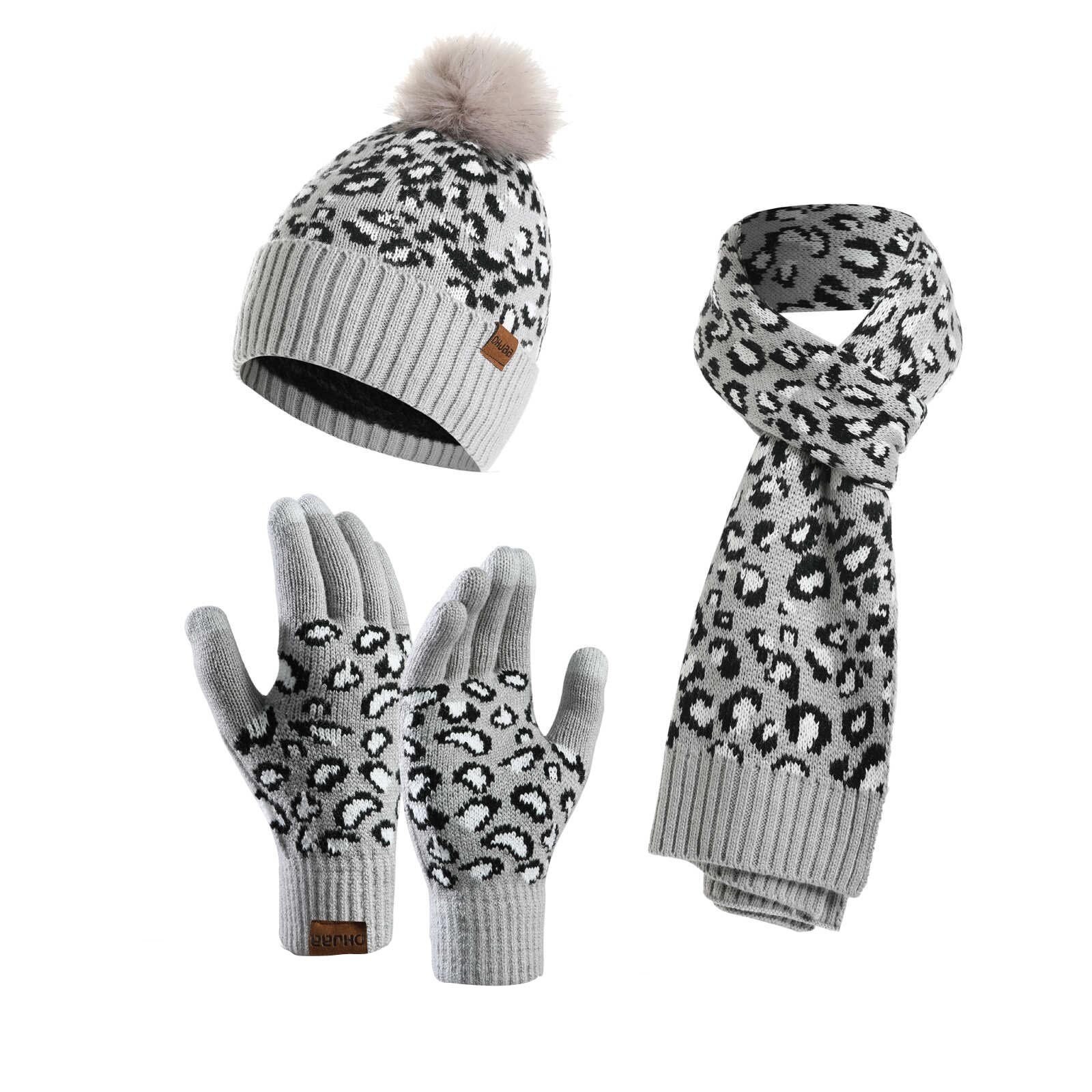 Leopard Warm Beanies Hat For Girl Ring Scarf Winter Hats Female Knitted Caps Scarf 3 Pieces Winter Hat Scarf Set #T2Q: C