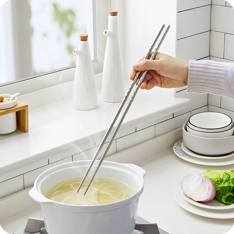 Palillos Extra largos de acero inoxidable para cocinar, palitos de comida para patatas fritas profundas, vajilla de Sushi, utensilios de cocina, 1 par
