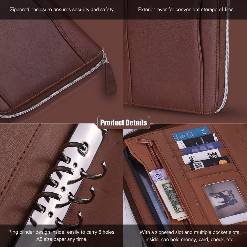 Aibecy Brown PU Leather Portfolio Business Portfolio Holder Organizer Folder Document Storage with Zippered