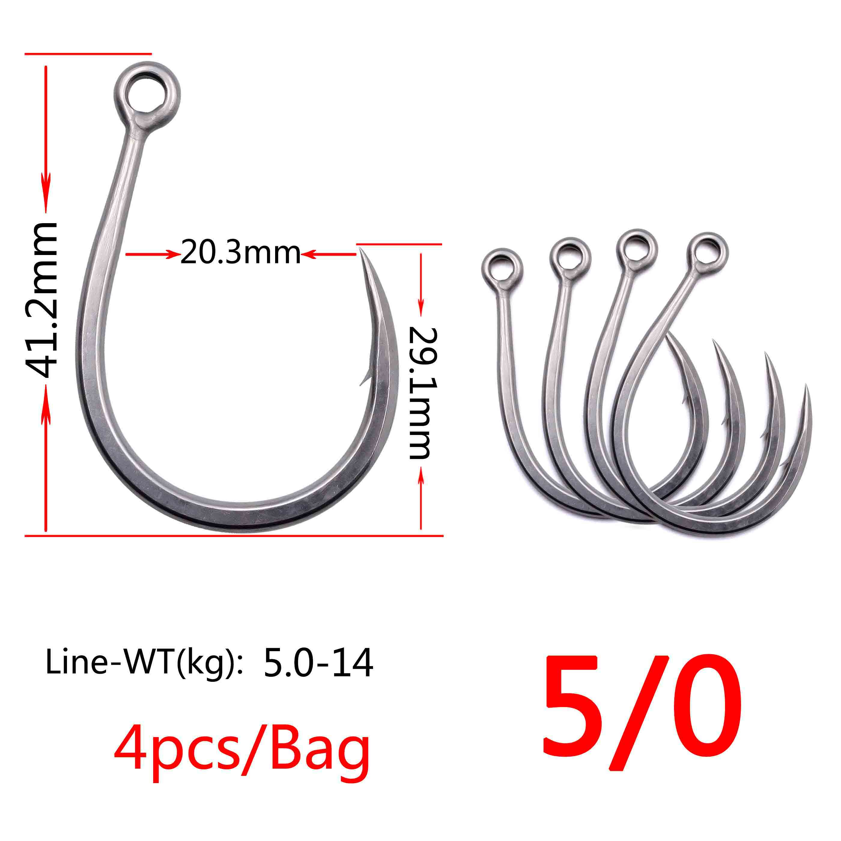 5x #1-#13/0 hameçons simples pour la pêche en mer et la pêche à la traîne, hameçon de pêche au leurre de mer à ardillon solide en acier à haute teneur en carbone: Taille 5-0