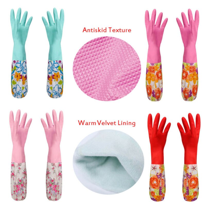 Reusable Rubber Latex Waterproof Dishwashing Gloves Long Cuff and Flock Lining Warm Household Cleaning Gloves Kitchen Tools