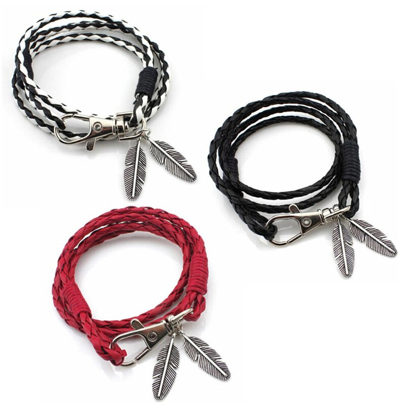 Leather Wrap Braided Wristband Retro Leaves Cuff Punk Men Women Couple Friendship Bracelet Bangle