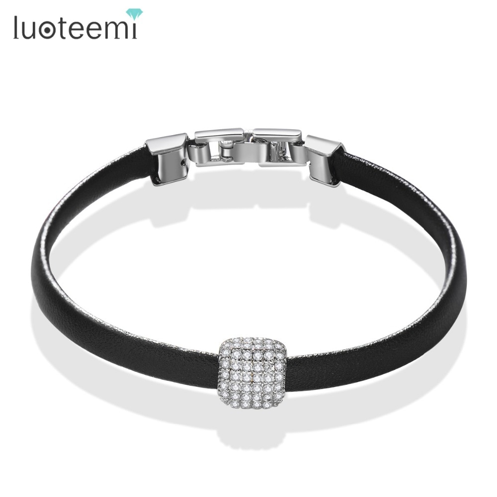 LUOTEEMI Trend Leather Simple Geometric Zircon Bead Handmade Charm Bracelets &amp; Bangles for Women Trendy Black PU Leather Jewelry