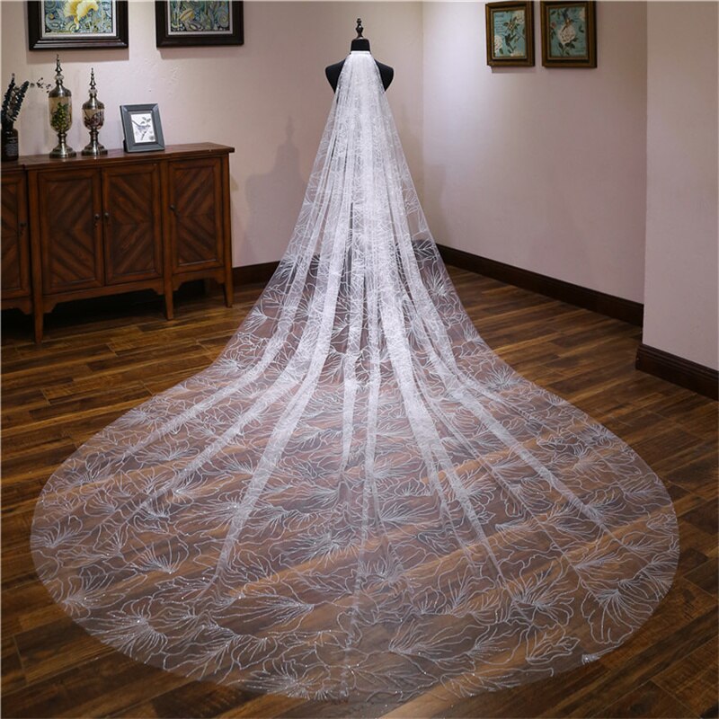 2022 Mode Luxe Bruiloft Sluiers Voor Bruiden Bling Goud 3 Meter Pailletten Crystal Big Bridal Veils Bruiloft Accessoires: Flower White