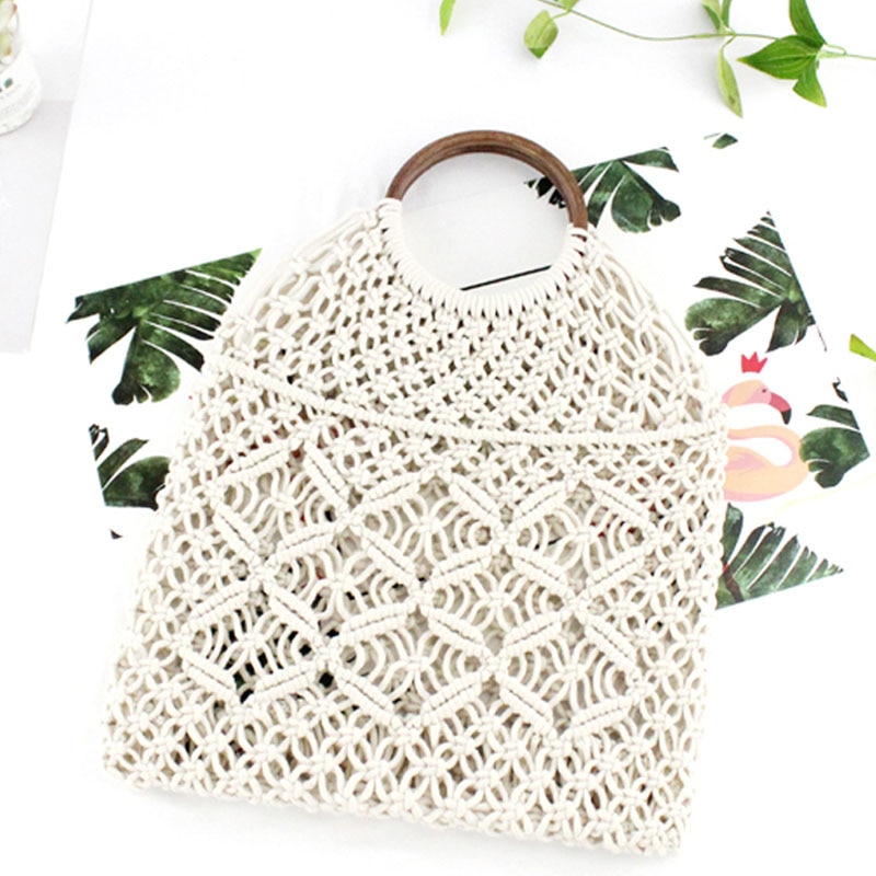 Popula Cotton Rope Hollow Straw Bag Sheer Macrame Tote wooden ring rattan handle Net Bag Vintage Retro Chic handbag: White brown handle / no lining