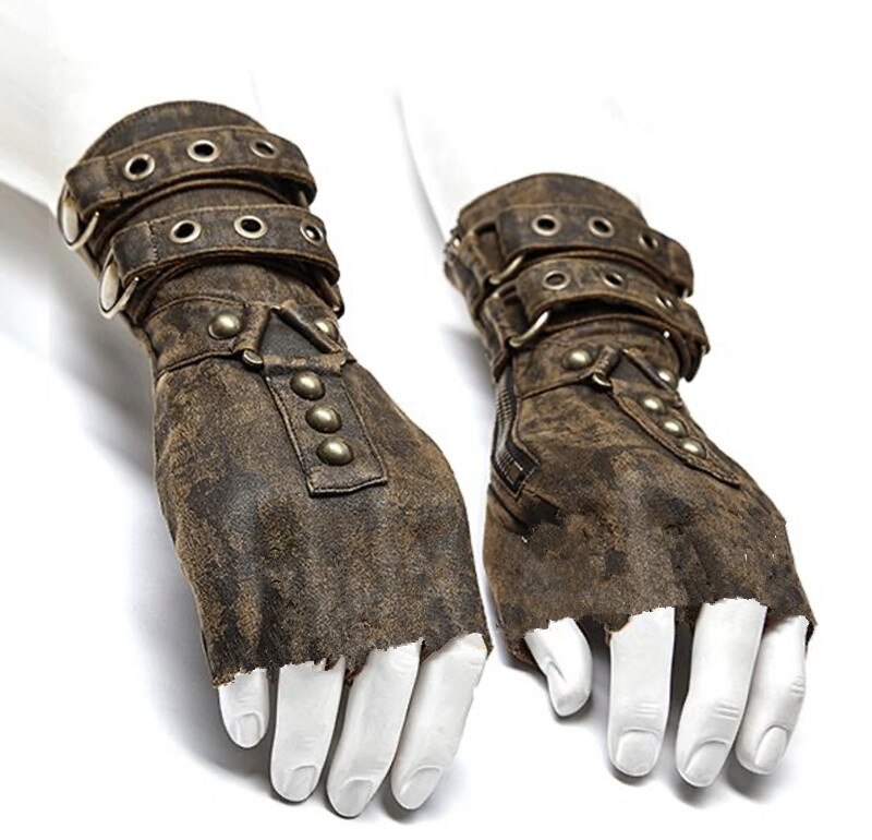 Guantes de cazador Retro para hombres, accesorios de Cosplay Medieval, Steampunk, de cuero Pu, remache renacentista, protector de brazo, hebilla de cinturón