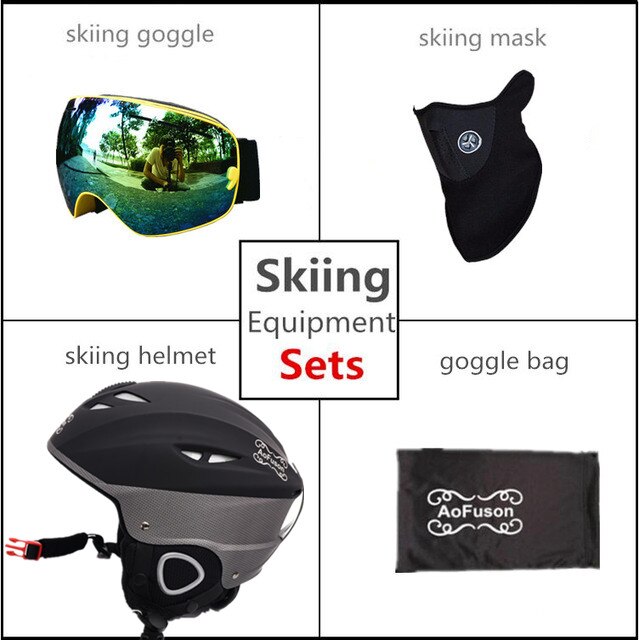 Skihelm bril dubbele lagen anti-condens groot zicht snowboard bril dames heren winter warme sporthelm ski-uitrusting set: Geel