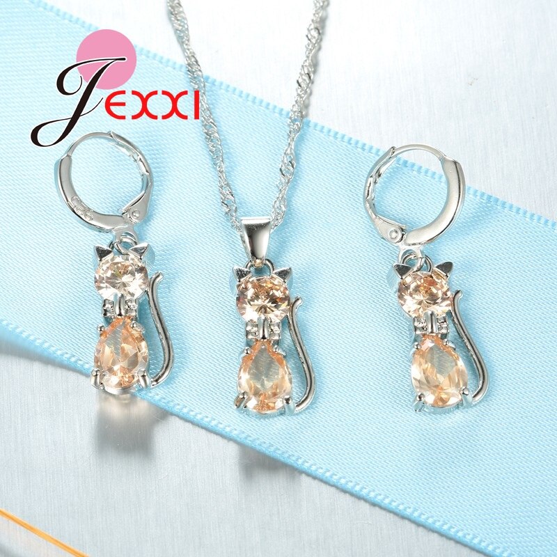 Mode 925 Sterling Zilveren Sieraden Sets Voor Vrouwen Laies Luxe Cz Rhinestone Dier Kat Charm Hanger Ketting Oorbellen