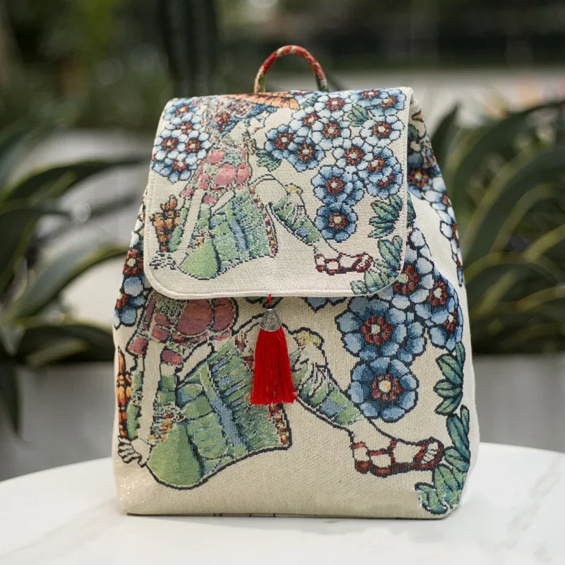 Sacs à dos brodés de style ethnique pour femmes, streetwear vintage, décontractée, sac de voyage Harajuku, sac en toile de sport: WHITE