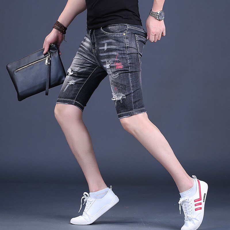 Men's Denim Shorts Printed Ripped Knee Length Jean Summer Casual Black Gray Slim Fit Straight Short Jeans Male Clothing