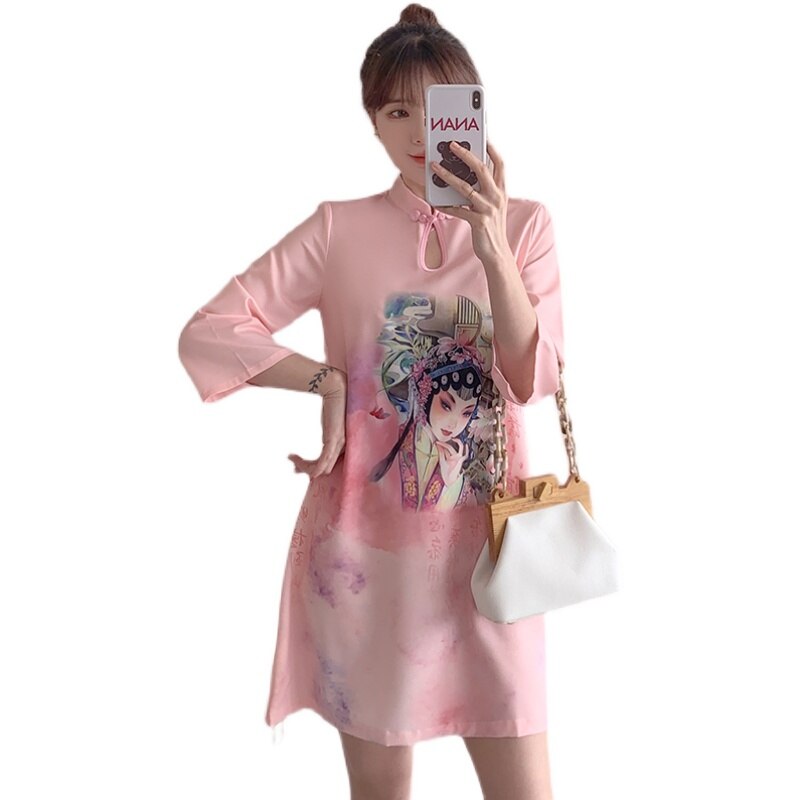 Qipao-vestido de talla grande de M-4XL para mujer, ropa china tradicional, rosa, holgada, moderna, de manga corta, para Año ,: 4XL