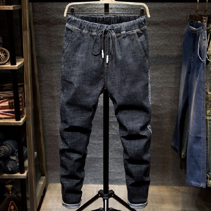 Jeans stor størrelse sort herre mand plus størrelse haremsbukser efterår elastisk stretch slim feet bukser 7xl 6xl 5xl: Sort / L 32-33