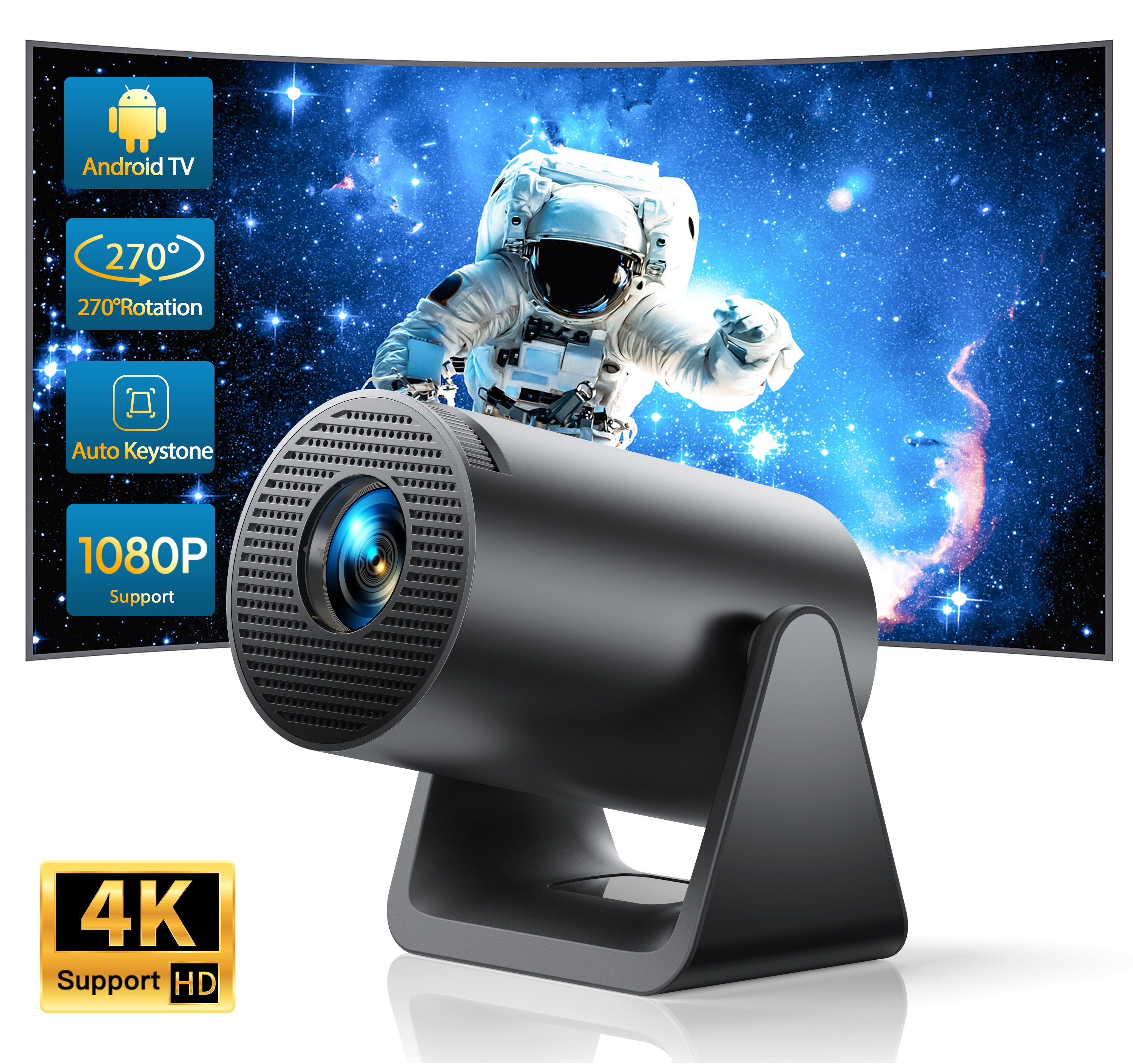 【Corrección trapezoidal automática】Mini proyector portátil con 270° soporte giratorio, Android 11,300 ANSI Wimius L1 proyector, WiFi6 Bluetooth proyector soporte 1080P, videoproyector de enfoque corto para cine en casa