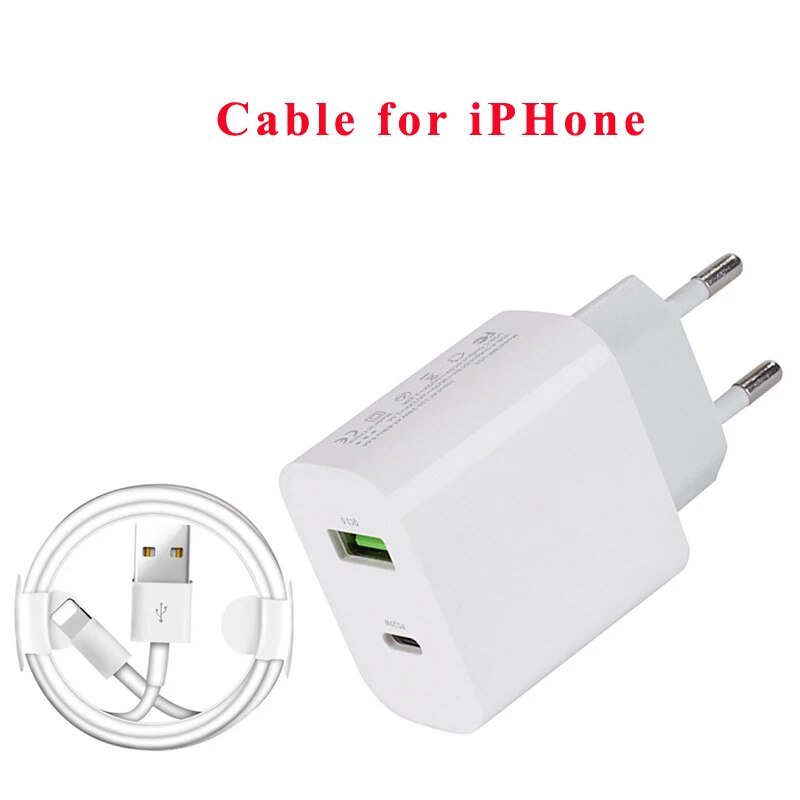 Fast Charge Charger Dual USB Port Quick Charge EU Plug for Apple iPhone 13 Pro Max 12 11 Samsung Galaxy PD QC 3.0 Phone Adapter: and Cable for Iphone