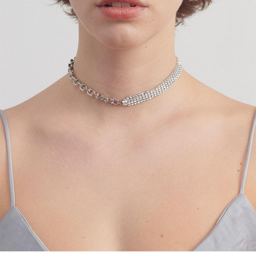 Aomu titânio aço grosso corrente brilha strass metal prata cor colar clavícula corrente coreia gargantilha colar para mulher