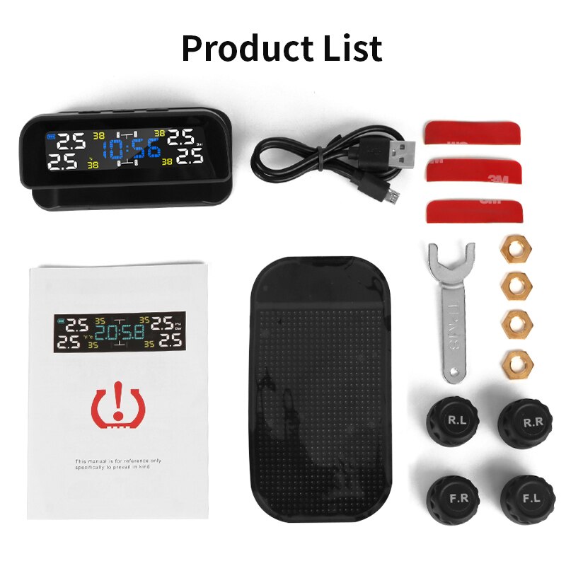 Wireless TPMS Time Display Car Alarm Tire Pressure Monitoring System Rotation Warning Solar Power Charge Inside/External sensors