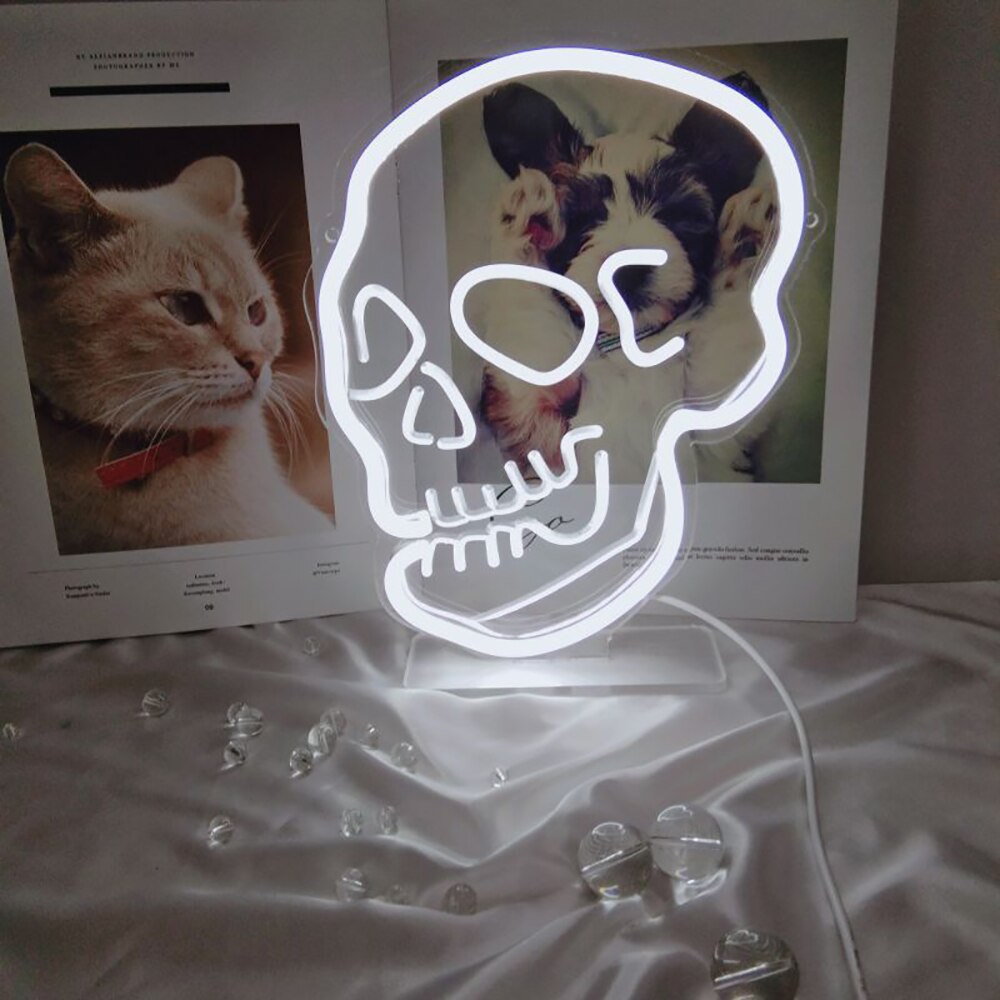 Skull Neon Sign 3D Art USB White Dimmable Switch Neon Sign with Stand Base for Living Room Shop Bar Sign Halloween Decoration
