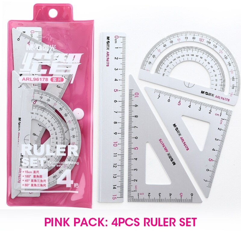 M&G Aluminium Metal Geometry Ruler Set Maths pencil stationery triangular Rulers Protractor Students for School Office Supplies: Set 1 Pink