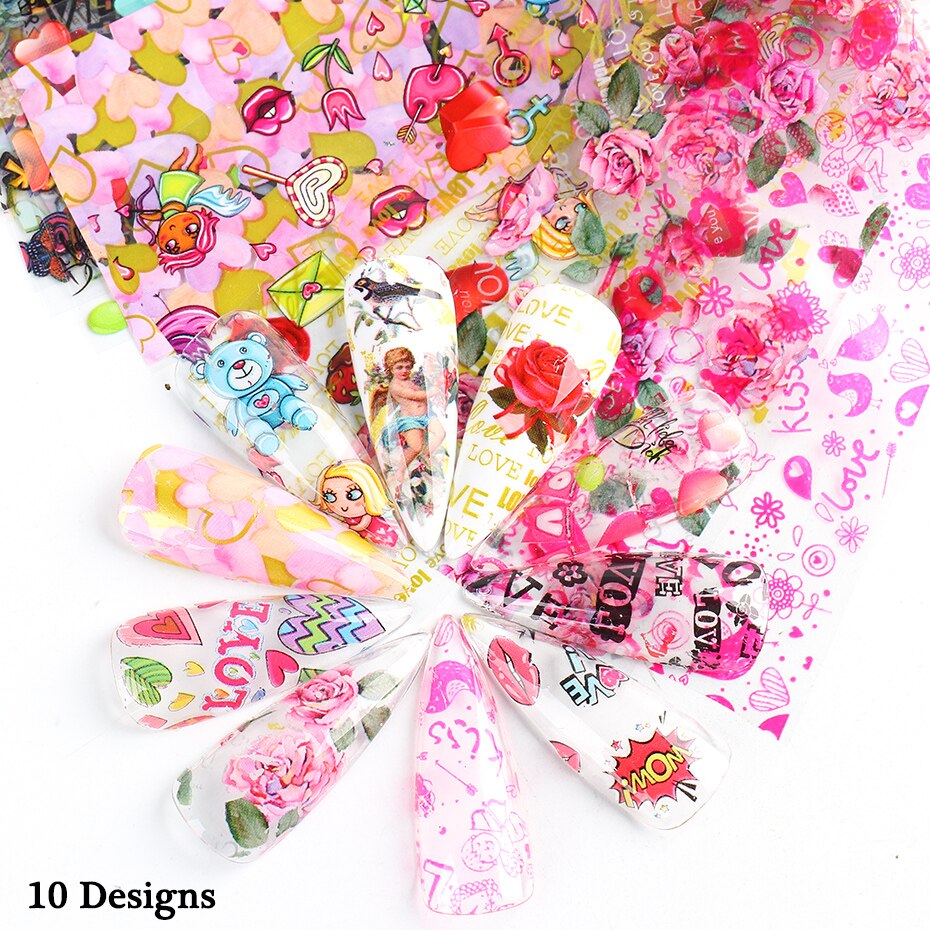 10Pc Hoek Hart Transfer Nagel Folie Valentine Rose Brief Cartoon Liefde Sticker Nagels Art Decoratie Manicure Starry Papier BE2111