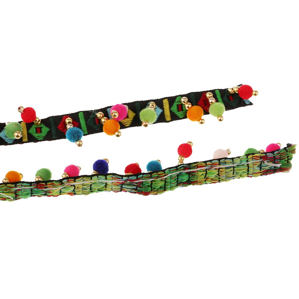 2Pcs Tassel Fringe Trim Ribbon Handmade Rainbow Pom Pom Ball Fringe Trim Ribbon Sewing Fabric DIY Craft Supplies