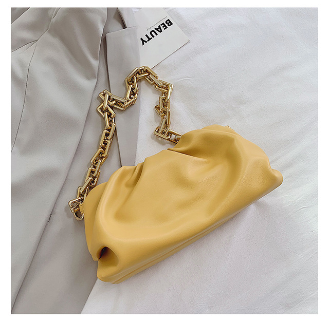 Été épais chaîne ruché sacs à bandoulière pour les femmes doux en cuir PU aisselles femme embrayage filles pochette: YELLOW