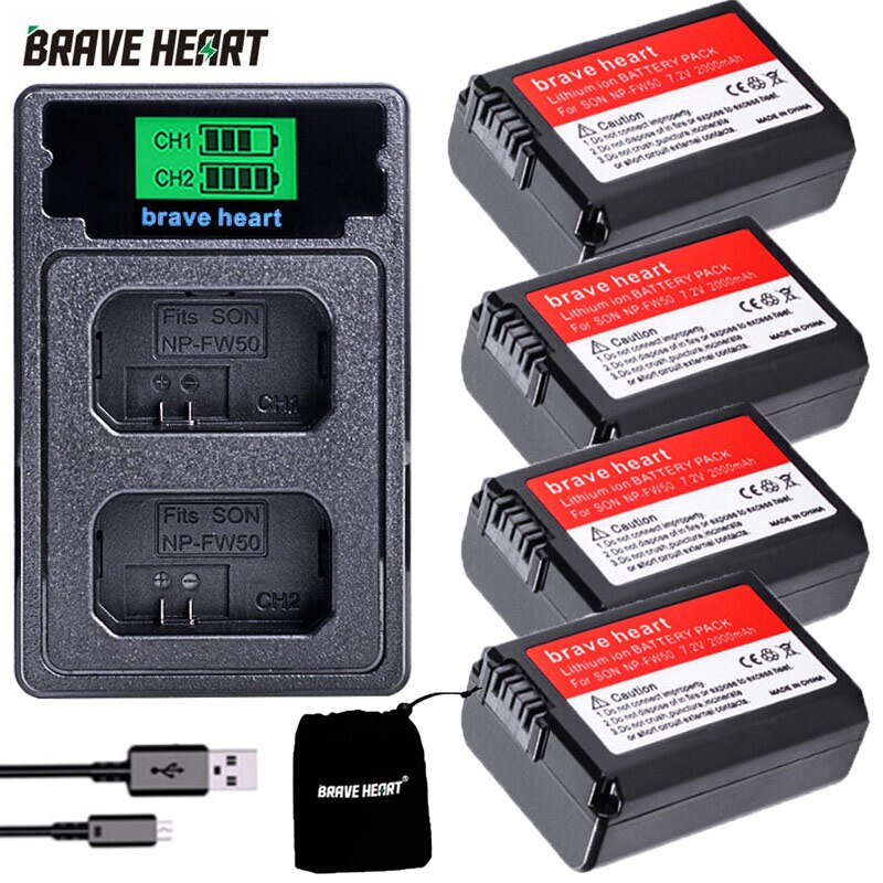 Brave heart-batería 4x NP-FW50 NP FW50 NPFW50, para Sony NEX 5T 5R 5TL 5N 5C 5CK A7R A7 F3 3N 3CA55 A37 A5000: charger and 4battery
