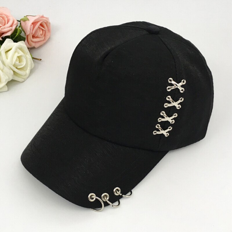 Casquette de baseball avec anneau de piercing, style punk hip-hop, en coton, pour adulte, décontractée, solide, ajustable, unisexe: Noir