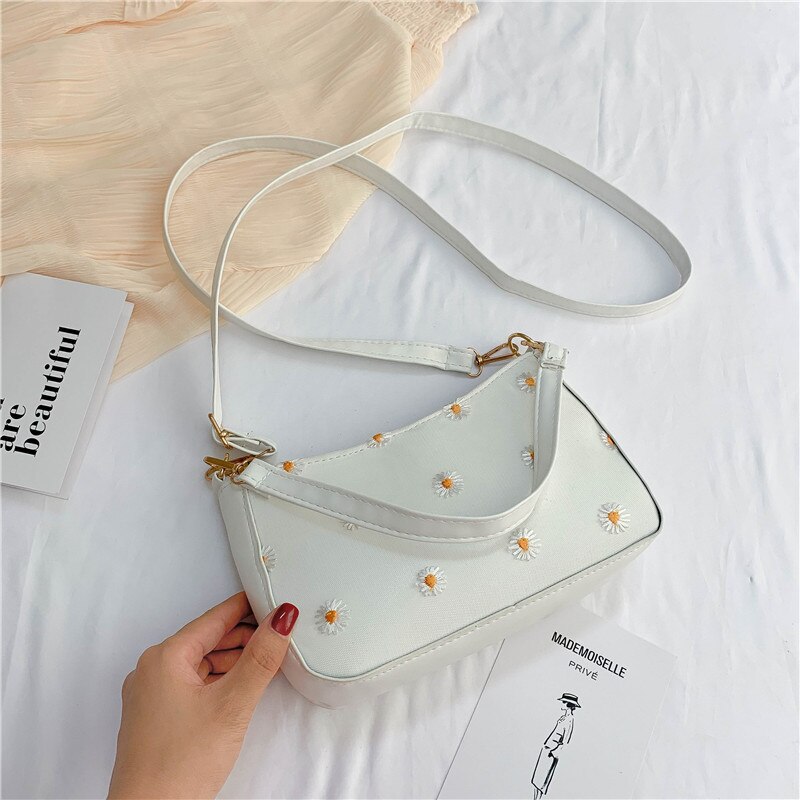 Realer-sac à main brodé à fleurs pour femmes, sacoche à bandoulière, fourre-tout , sacoche sous le bras, décontracté: WHITE