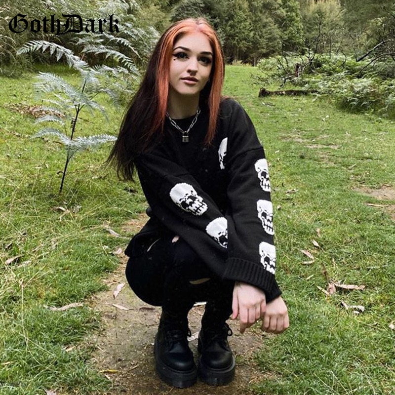 goth mørk gotisk kintted svarte gensere punk langermet løse crewneck gensere kvinner høst vinter streetwear kjøpesenter goth