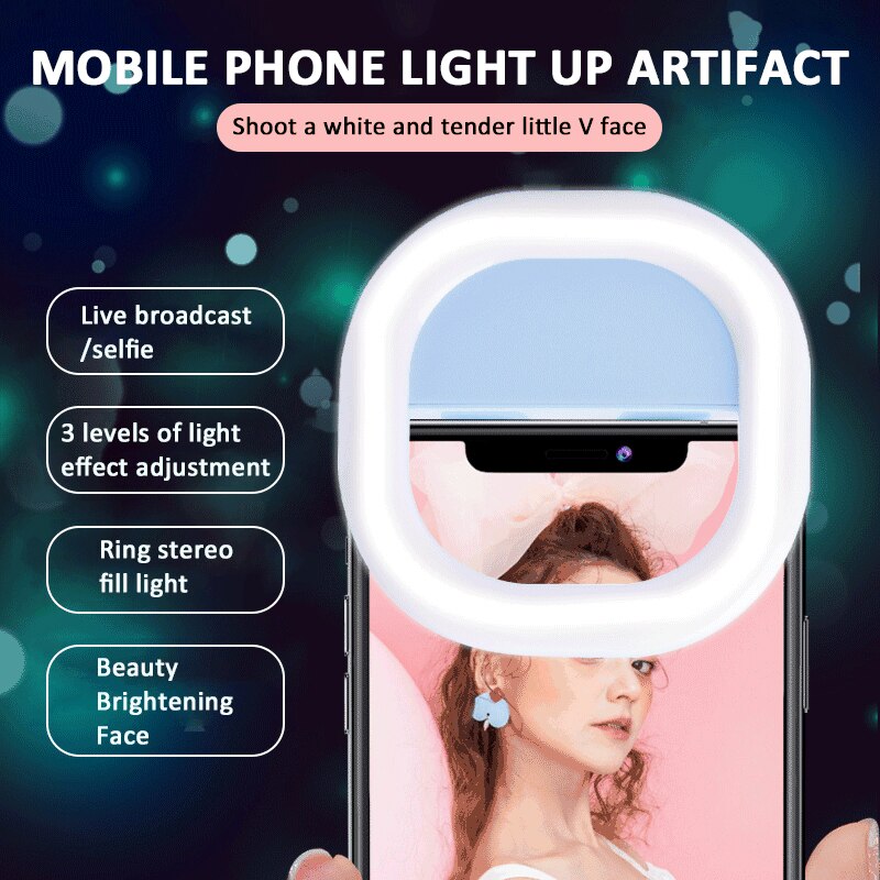 Mini Clip Op Mobiele Telefoon Ronde Licht Invullen Artefact Selfie Licht Led Whitening Flash Miniatuur Mobiele Telefoon Lens Live licht
