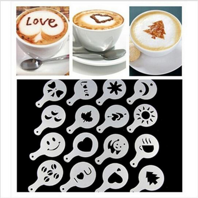 16 Stks/partijen Fancy Koffie Melk Latte Cappuccino Cupcake Afstoffen Pad Printing Stencil Template DIY Spray Mold Cake Decoratie Gereedschappen