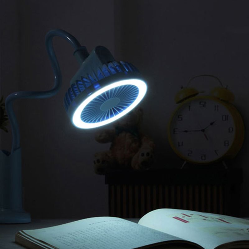 Rechargeable Flexible USB Fan with LED light 2 Speed Adjustable Air Cooling Clip Fan for Camping Hiking BBQ Home Office