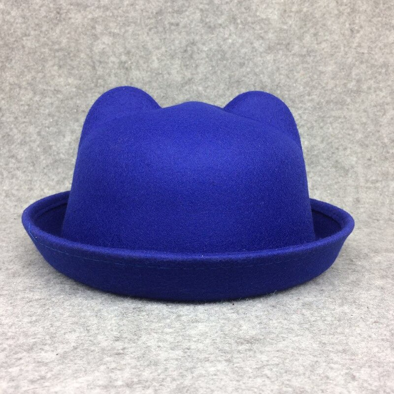 Förälder-barn bowlerhatt ullfilt fedora hattar för kvinnor flickor barn solid katt öra formell keps trilby sombrero derby: Kattöra royalblue / 54cm