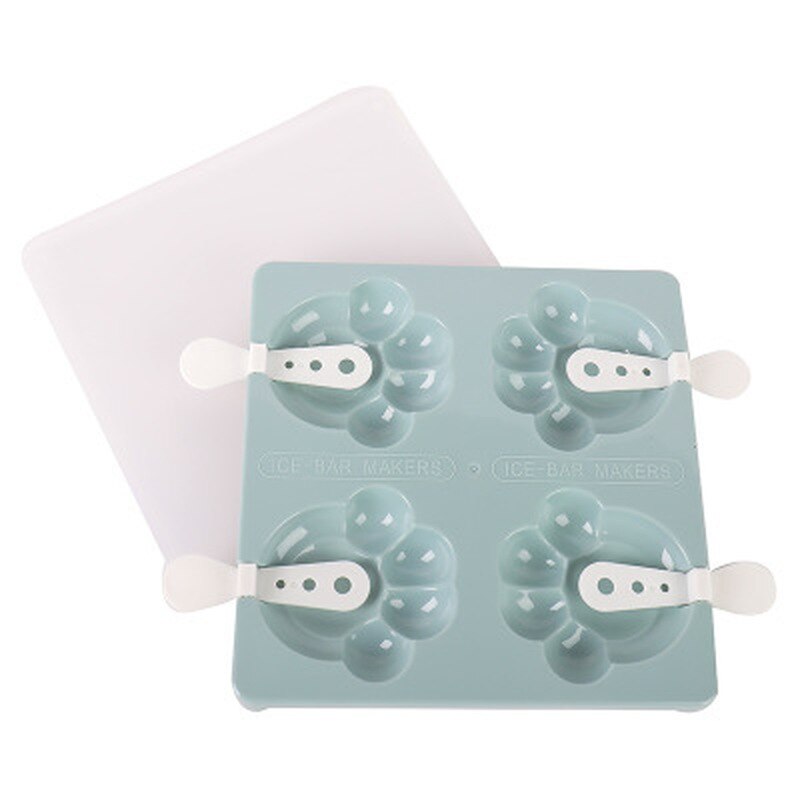 Cute Cartoon Flower Ice Cream Mold 4-hole Ice Tray Tubs Popsicle Maker Kitchen DIY Tools Cube Mold with Lid: Bear Blue