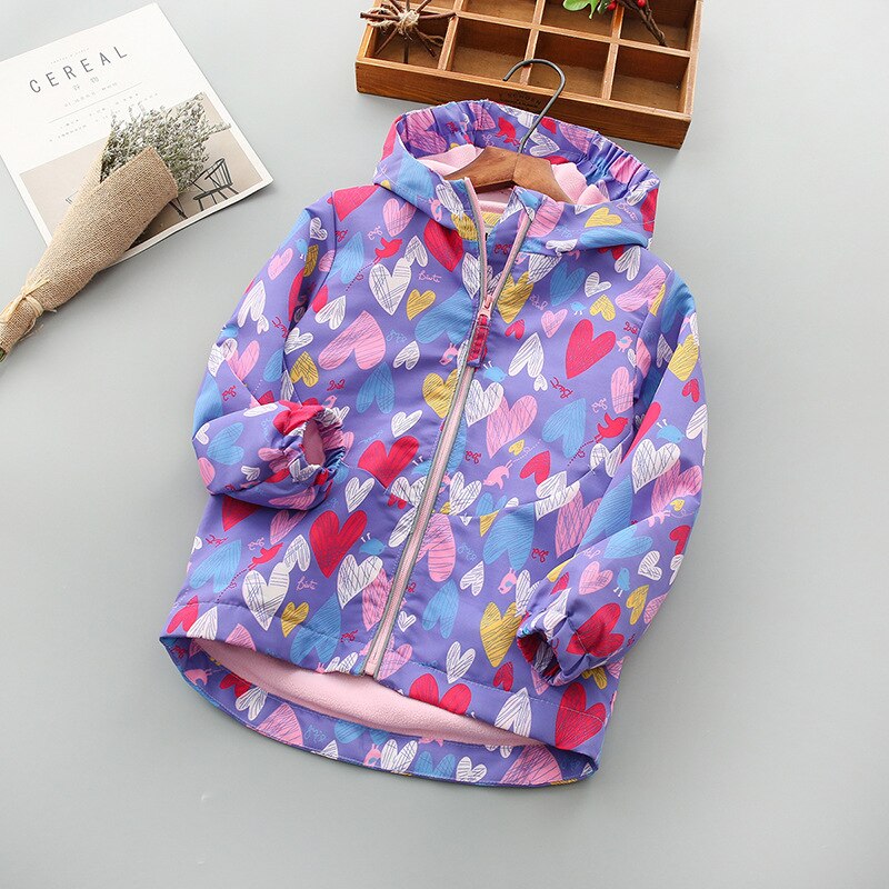Autumn Winter Fleece Jacket Girls Kids Outerwear Cute Windbreaker Coats Print heart Pattern Baby Children Clothing