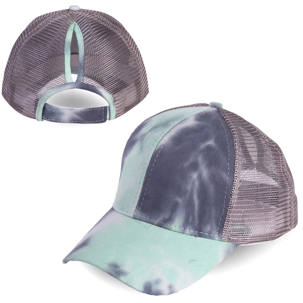 Udendørs kvinder slipsfarve anti sol justerbar bomuld baseball cap mesh hestehale hat til udendørs slipsfarve åndbar baseball cap hatte