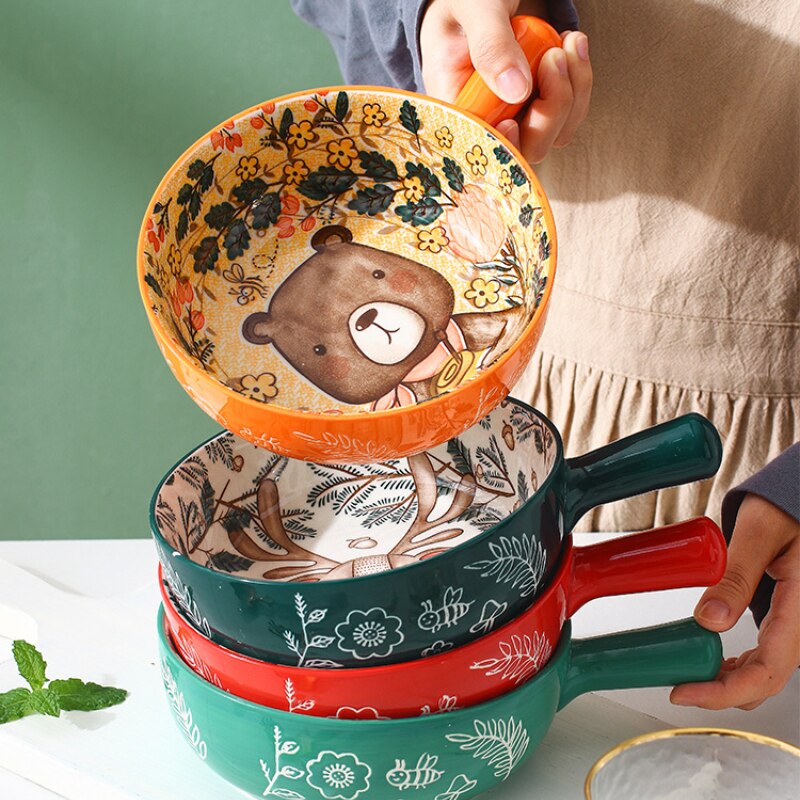 Cartoon Handle Bowl Household Fruit Salad Bowl Tableware Cute Animals Instant Noodle Bowl Ceramic Baking Bowl