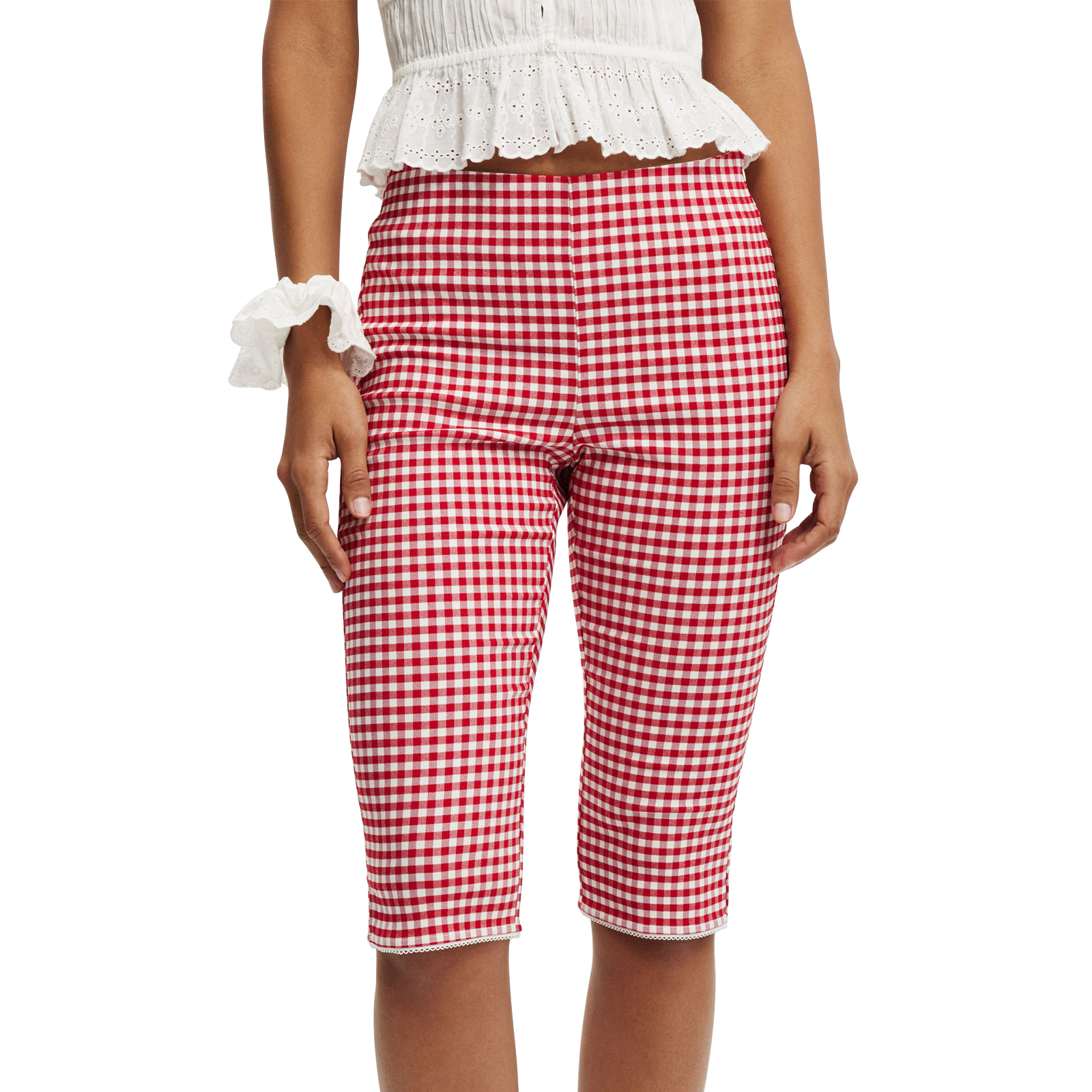 Dame  y2k estetiske rutete capribukser med middels midje, sidesplitter, knelange tights, avslappet leggings for daglig fest, klubb, streetwear: M / Beige