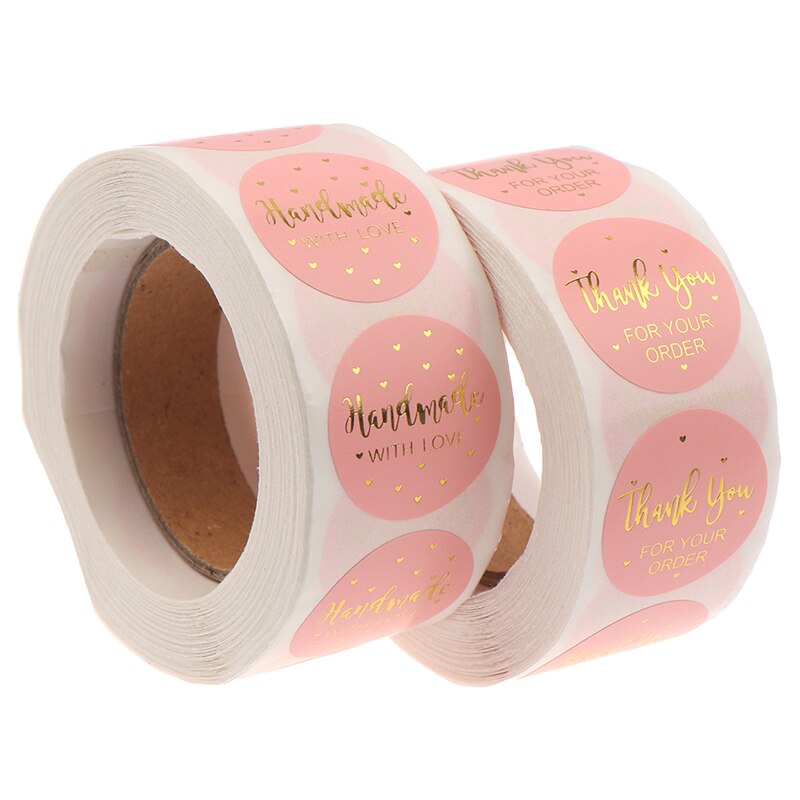 500 Uds = 1 rollo de pegatinas de etiqueta rosa papel bonito círculo etiquetas de sello gracias por su orden y pegatinas hechas a mano de 1 pulgada