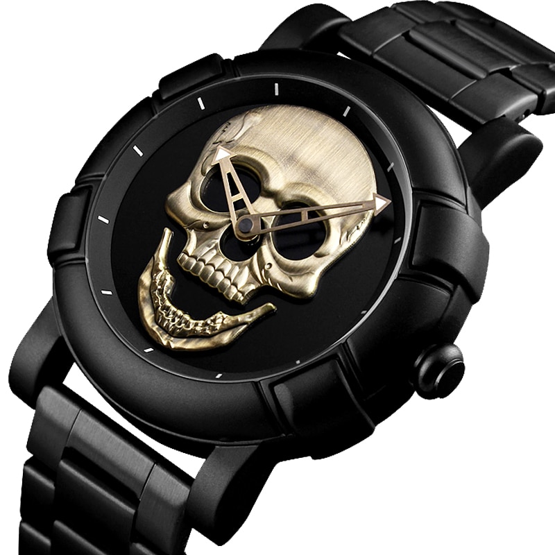 Cool Man Steampunk Schedel Hoofd Horloge Mannen 3D Skeleton Gegraveerde Goud Zwart Mexico Punk Rock Wijzerplaat Klok Horloges Relogio Masculino